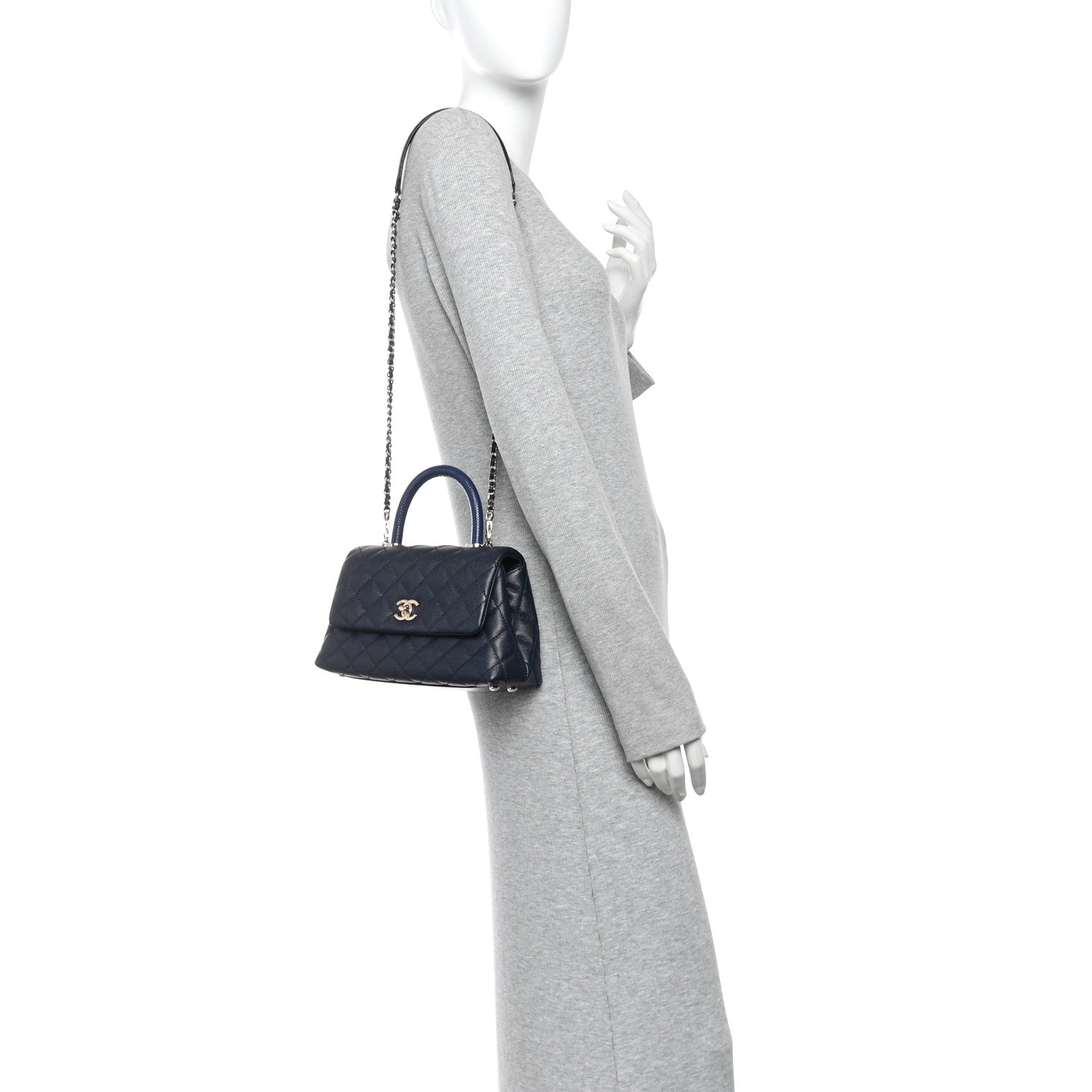 Caviar Quilted Lizard Embossed Mini Coco Handle Flap Navy Blue