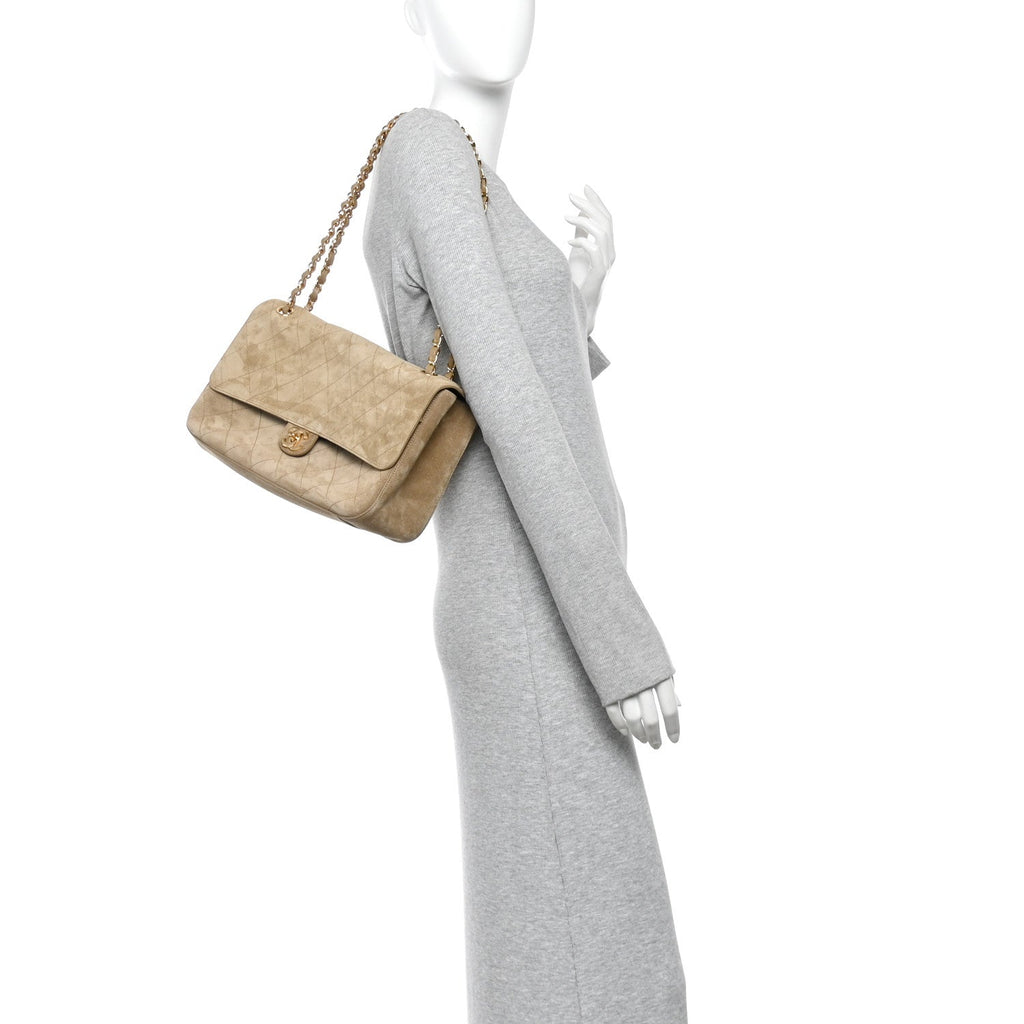 Suede Calfskin Small Souplissimo Maxi Flap Dark Beige