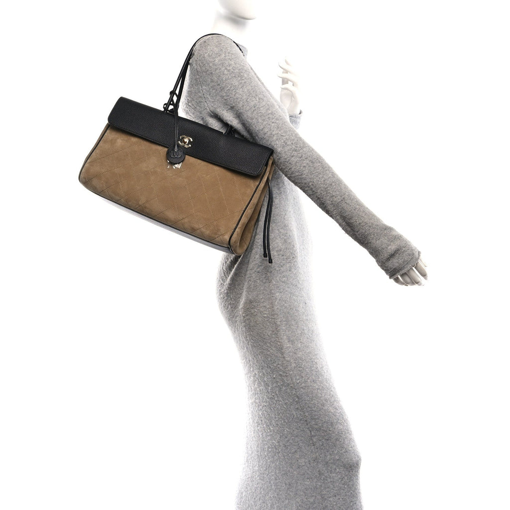 Grained Calfskin Suede Urban Essentials Large Shopping Bag Dark Beige Black Dark Beige Black