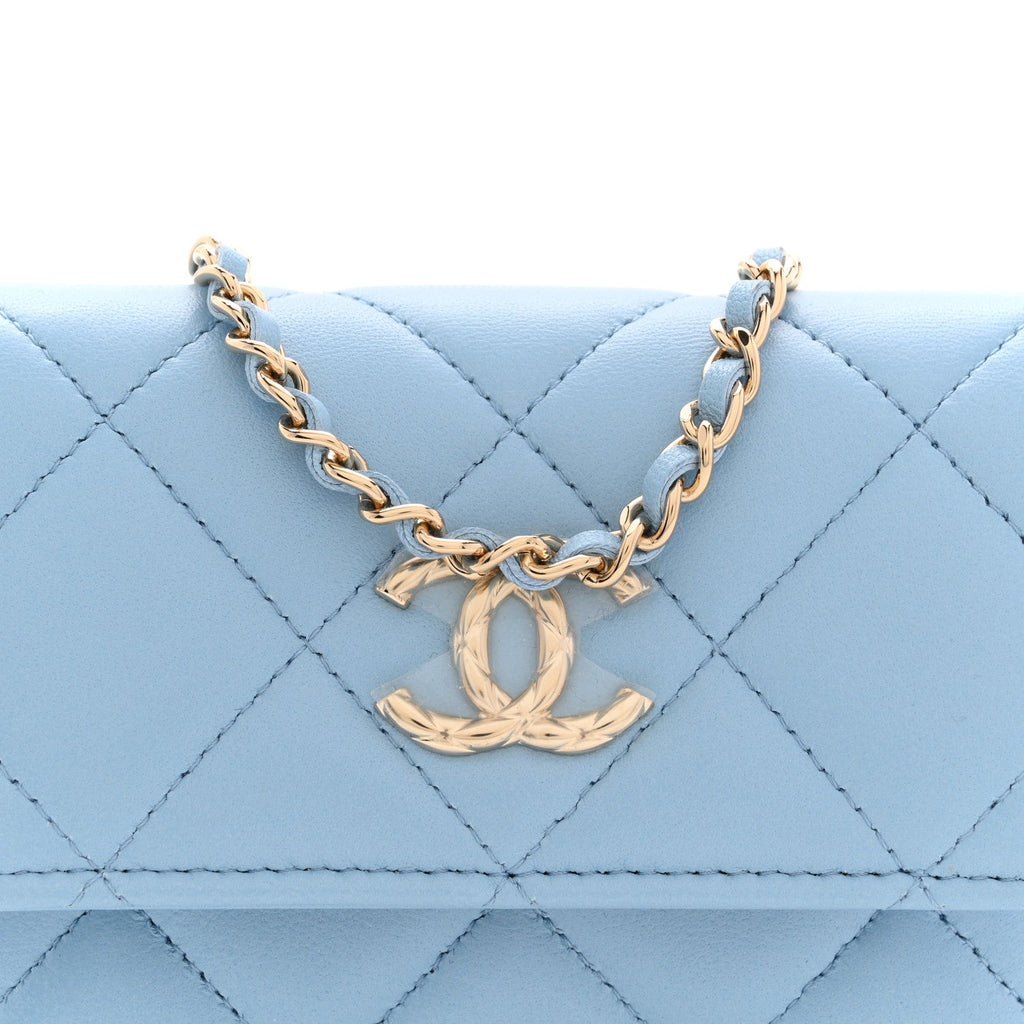 Lambskin Quilted Chain Around Coin Purse With Chain Light Blue