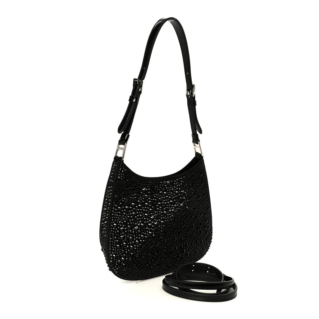 Satin Crystal Cleo Adjustable Strap Shoulder Bag Black