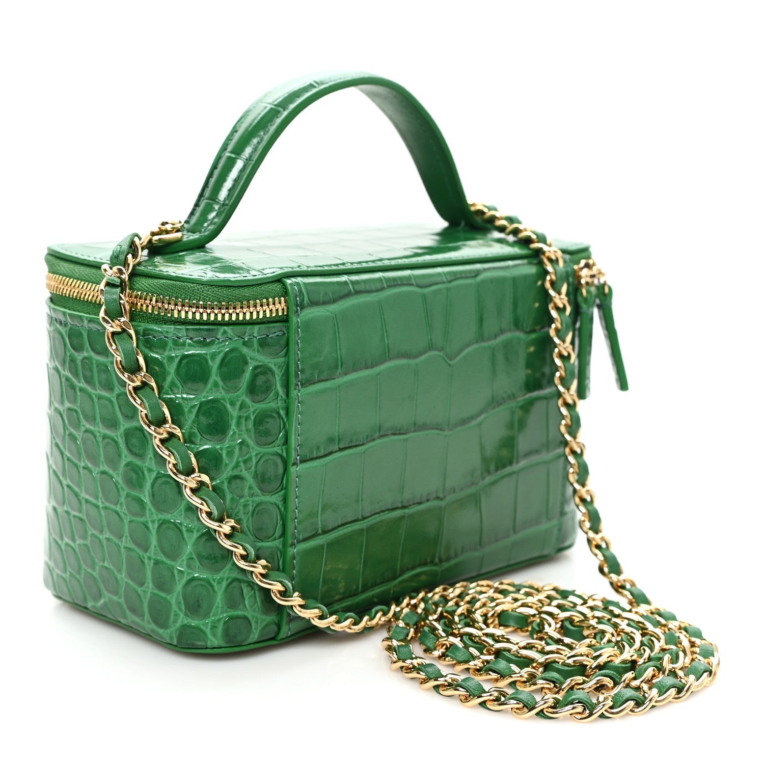 Calfskin Crocodile Embossed Exoticoco Small Top Handle Vanity Case With Chain Black Emerald