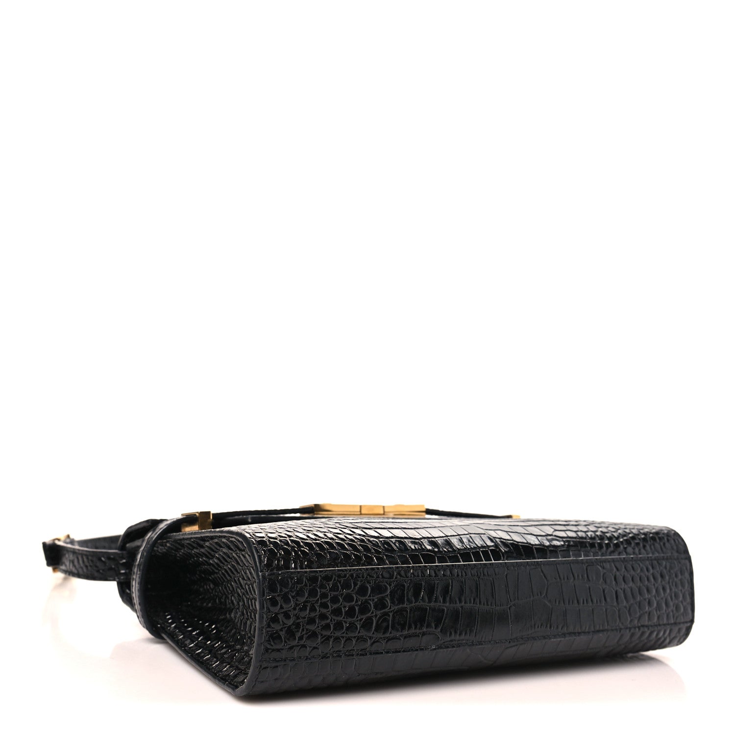Shiny Calfskin Crocodile Embossed Small Manhattan Baguette Black