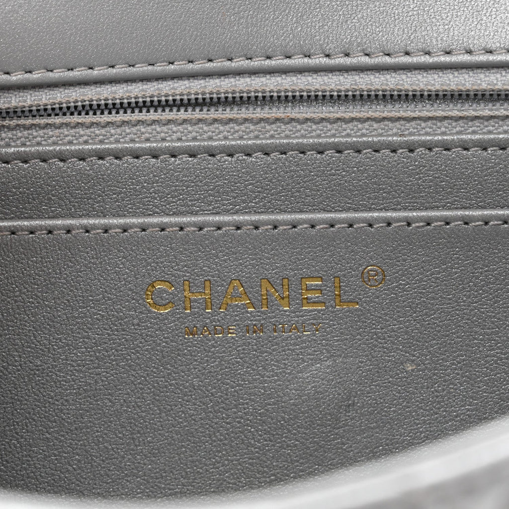 Metallic Lambskin Quilted Small Strass On Top Flap Silvery
