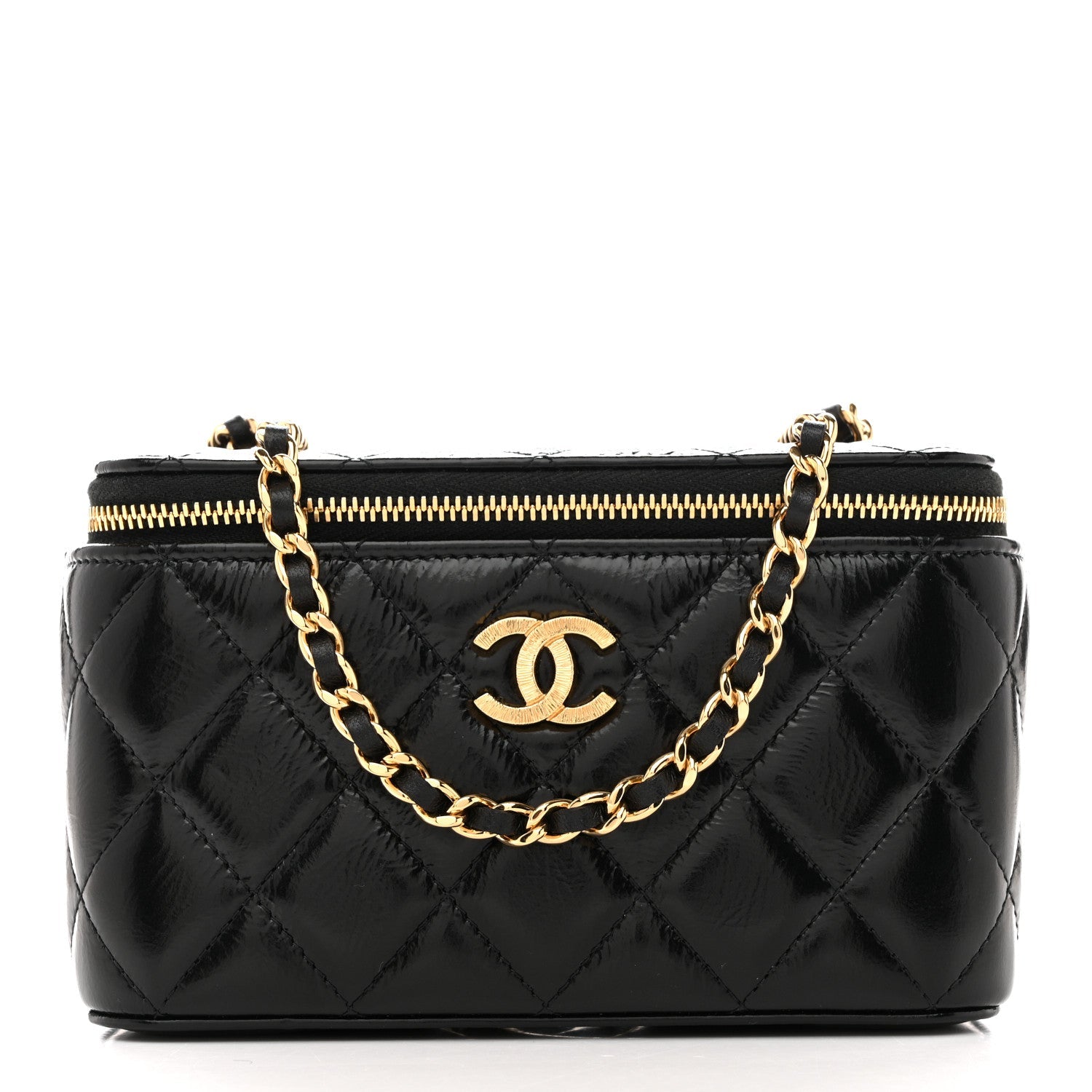 Shiny Lambskin Quilted Small Vanity Case With Chain Black