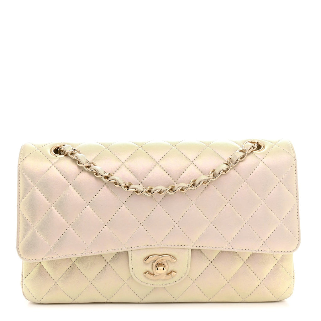Iridescent Lambskin Quilted Medium Double Flap Ivory Ivory