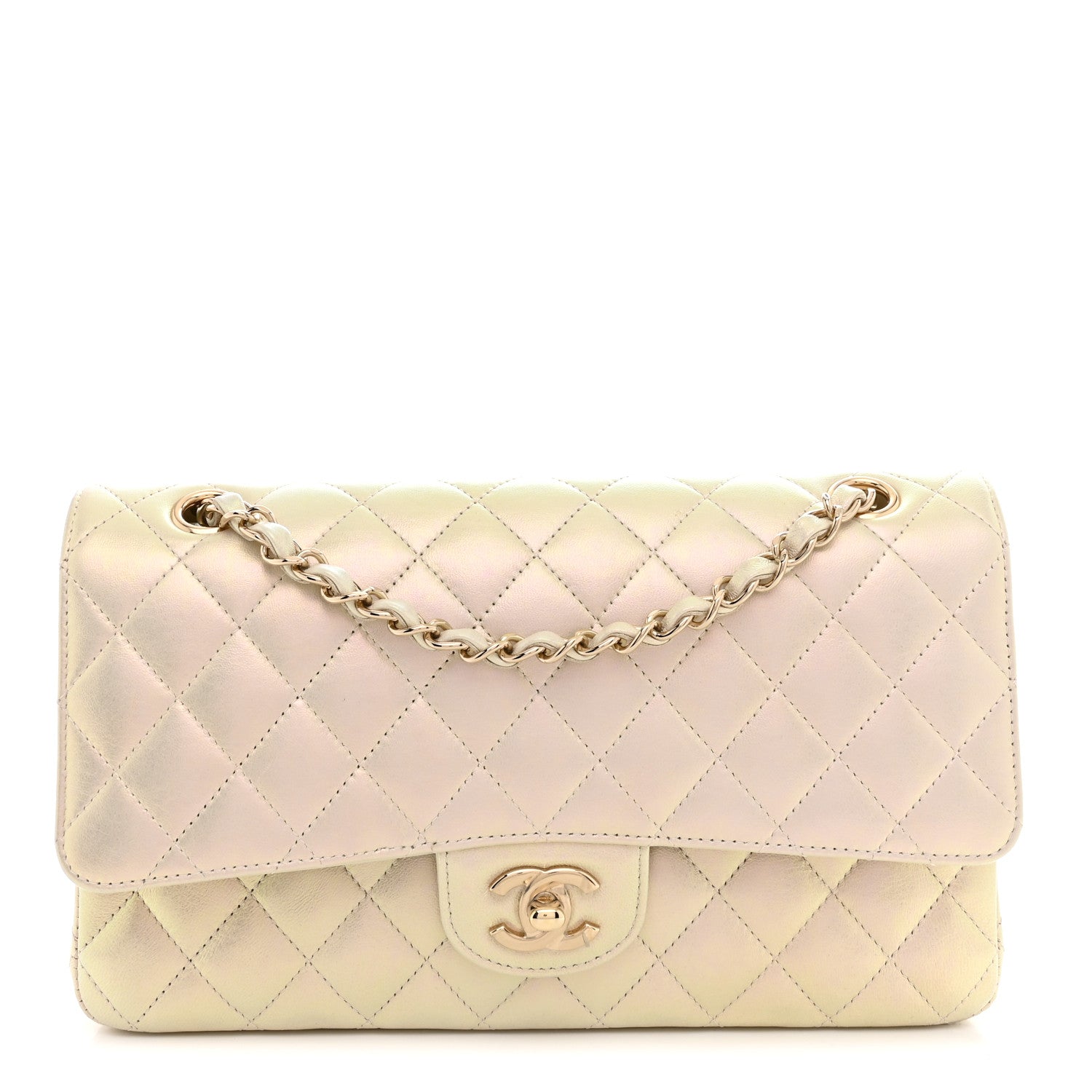 Iridescent Lambskin Quilted Medium Double Flap Ivory Ivory