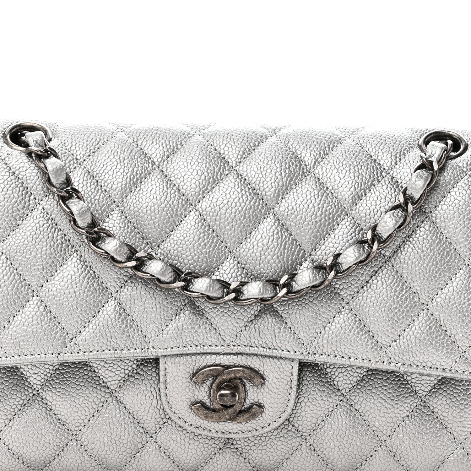 Metallic Caviar Quilted Medium Double Flap Silvery