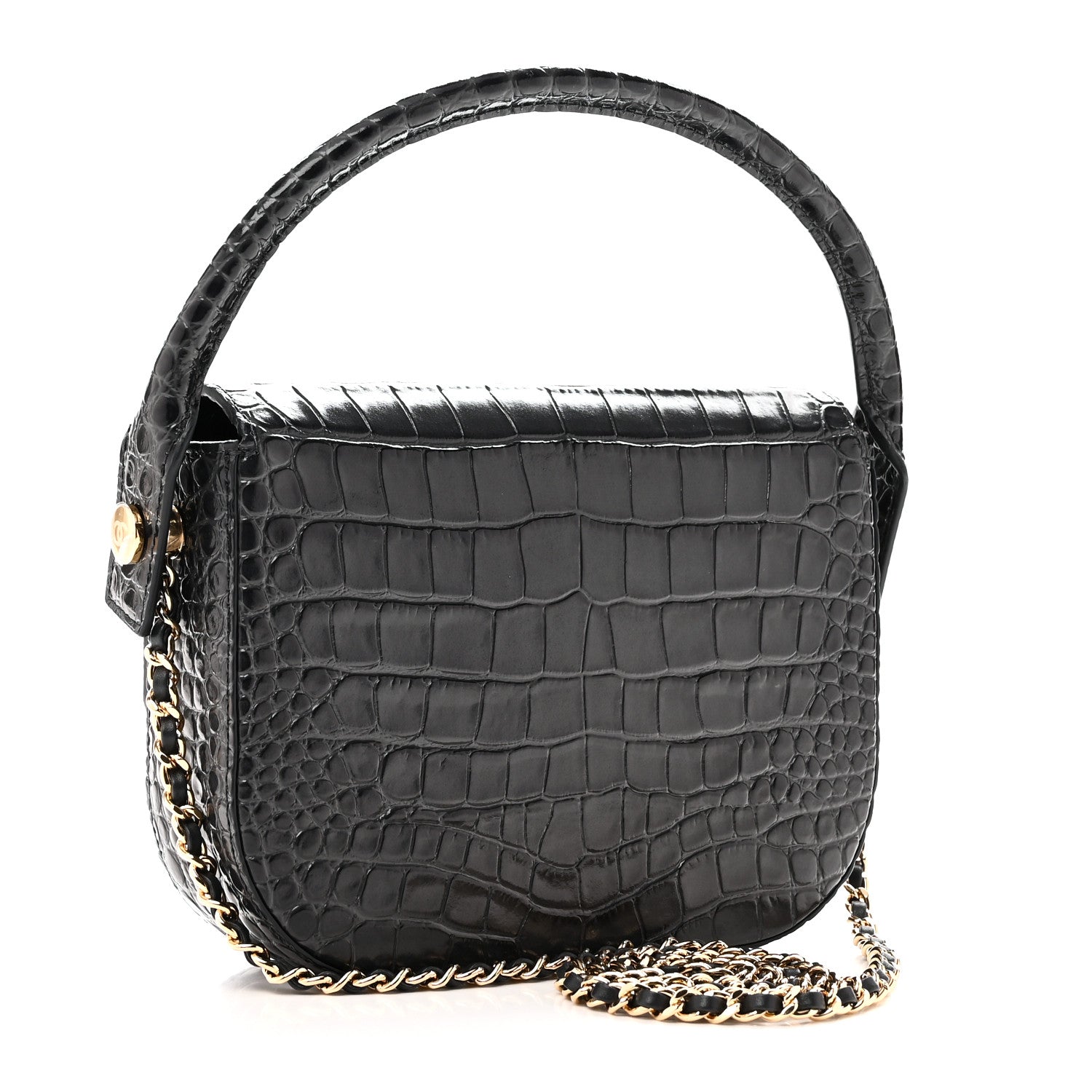 Calfskin Crocodile Embossed Turn Around Mini Flap Dark Grey