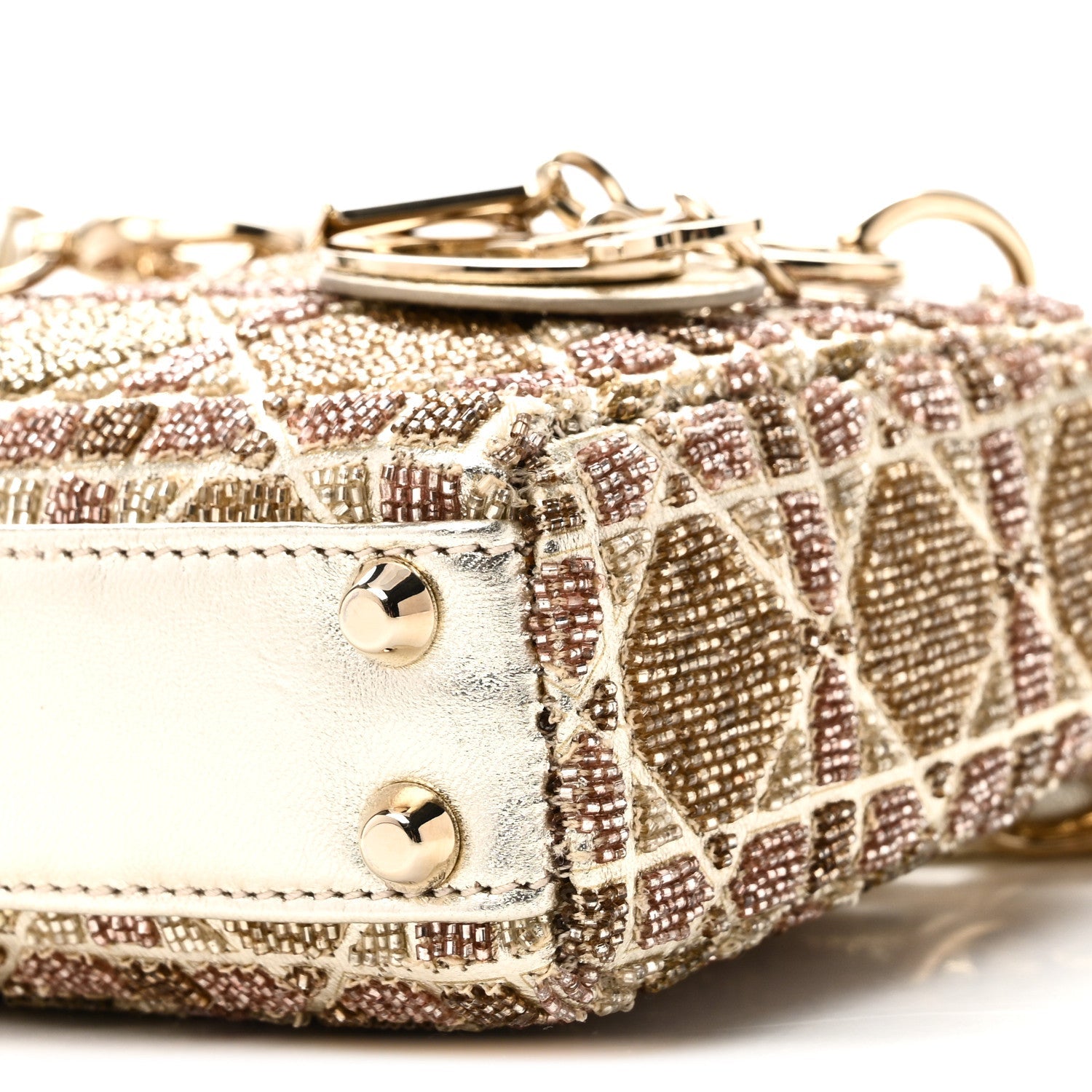 Metallic Lambskin Cannage Beaded Embroidered Micro Lady Dior Gold