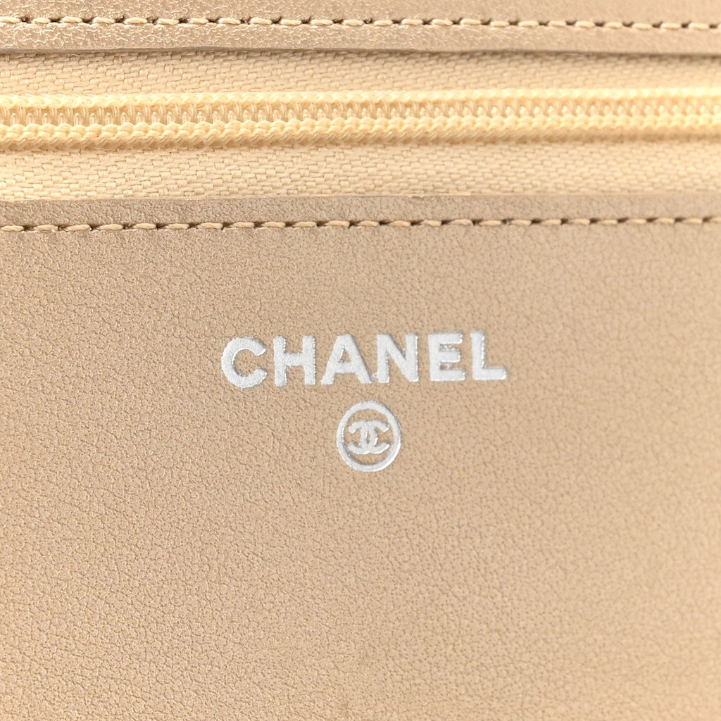 Metallic Lambskin Quilted Wallet On Chain WOC Gold Black