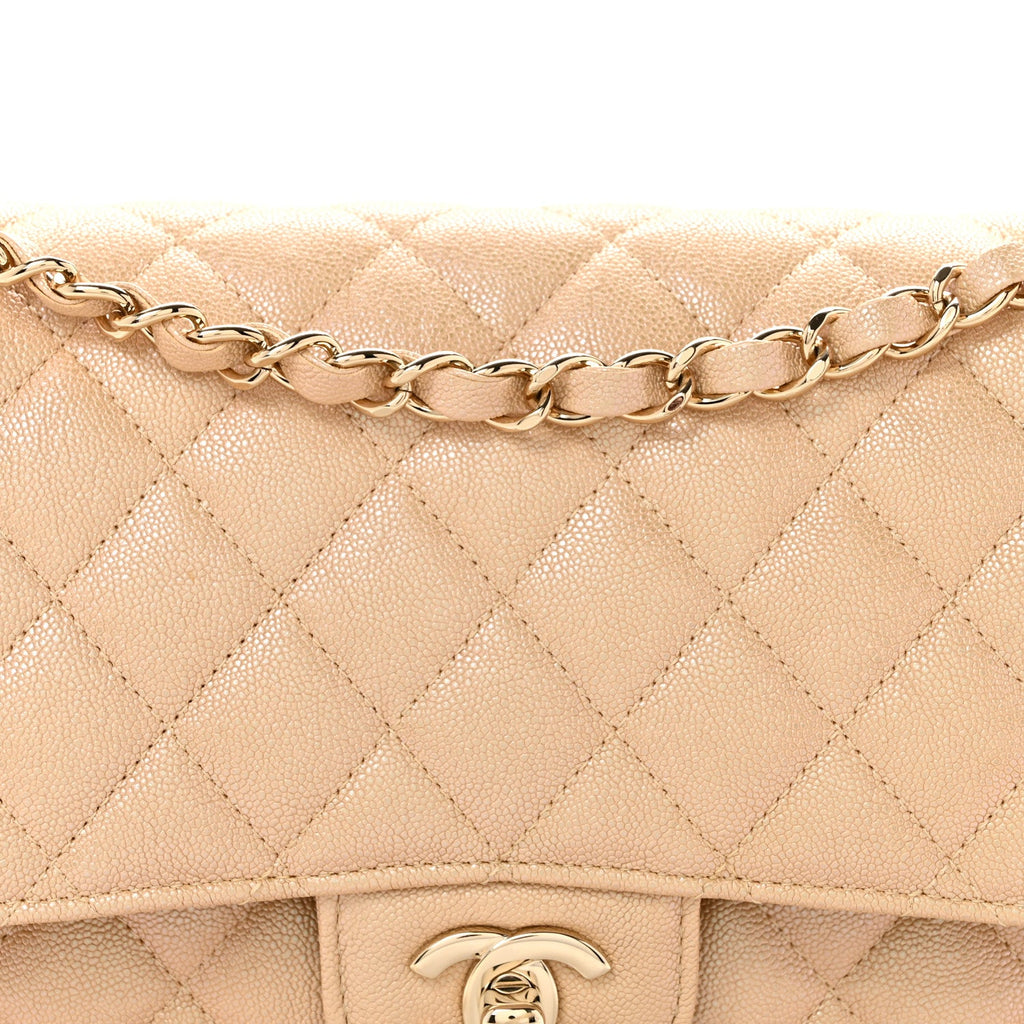 Iridescent Caviar Quilted Medium Double Flap Beige