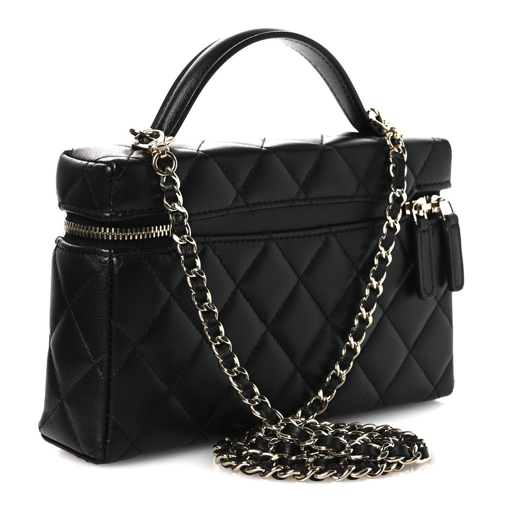 Lambskin Quilted Crystal CC Top Handle Slim Vanity Case With Chain Black