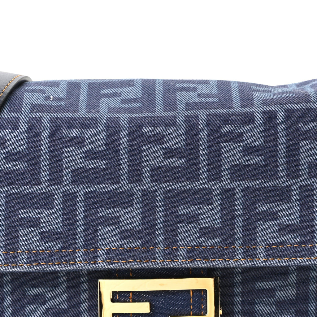 Denim FF Embroidered Reversible Baguette Blue