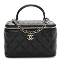 Lambskin Quilted Small Top Handle Vanity Case With Chain Black