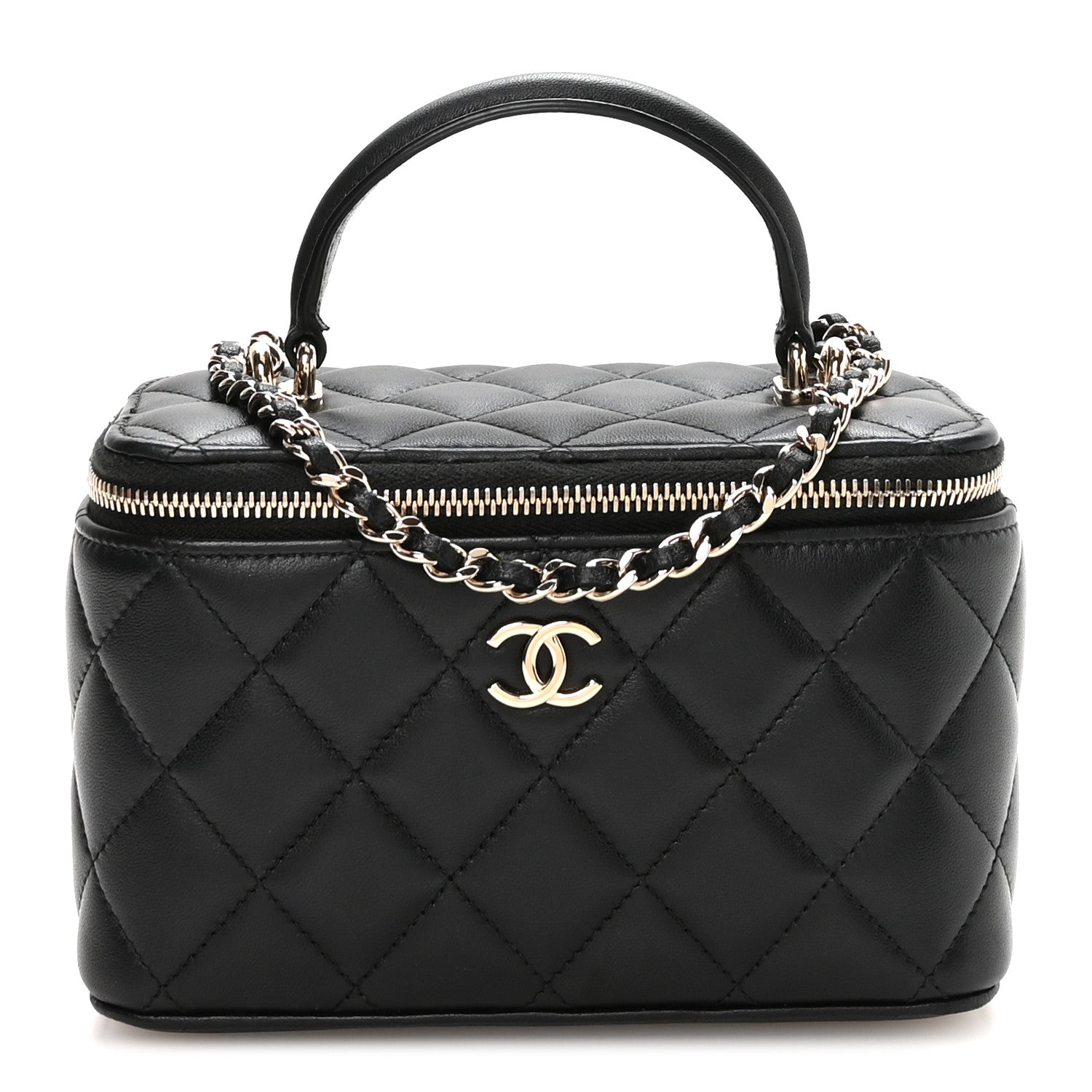 Lambskin Quilted Small Top Handle Vanity Case With Chain Black