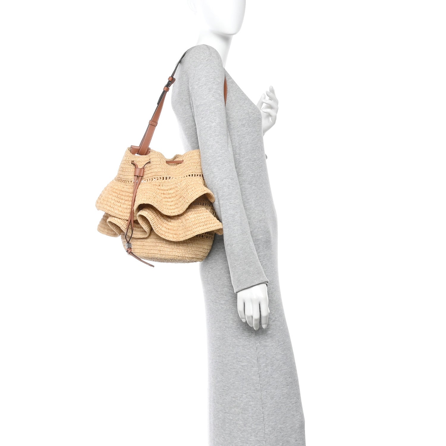 Raffia Calfskin Paulas Ibiza Balloon Ruffle Basket Tote Bag Natural Tan