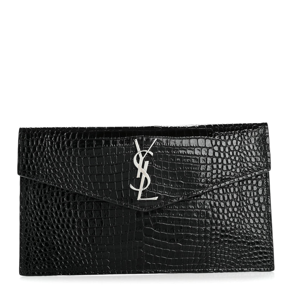 Calfskin Crocodile Embossed Uptown Monogram Pouch Black