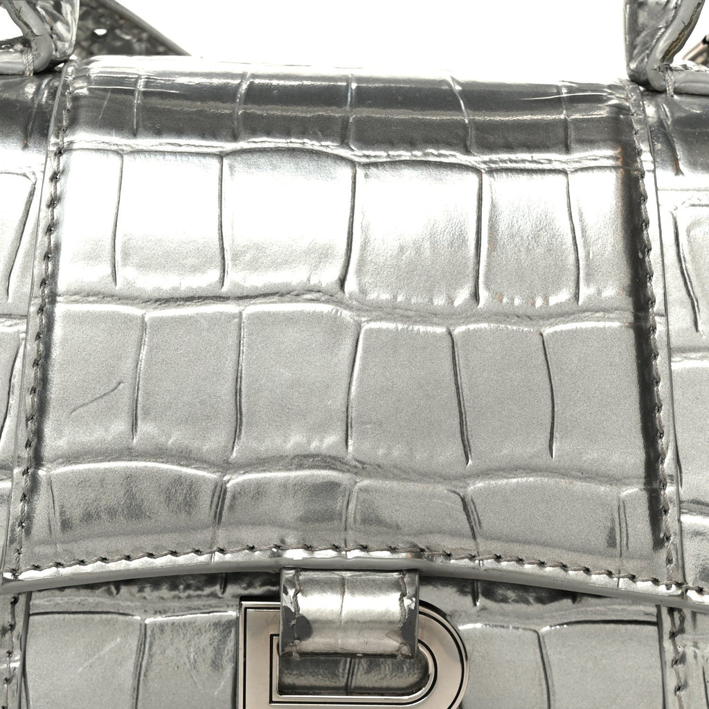 Metallic Calfskin Crocodile Embossed Hourglass Top Handle Bag XS Silver