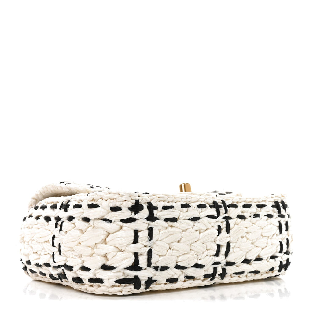 Raffia Effect Tweedy Mini Flap Bag White Black