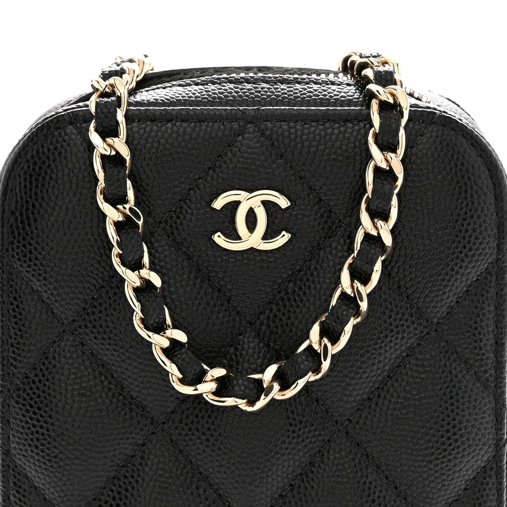 Caviar Quilted Phone Holder Wallet On Chain WOC Black Black
