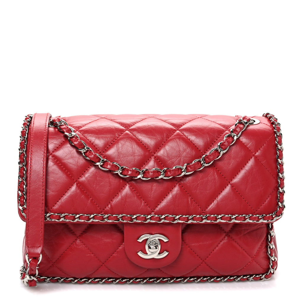 Crumpled Calfskin Medium Chain All Over Flap Red