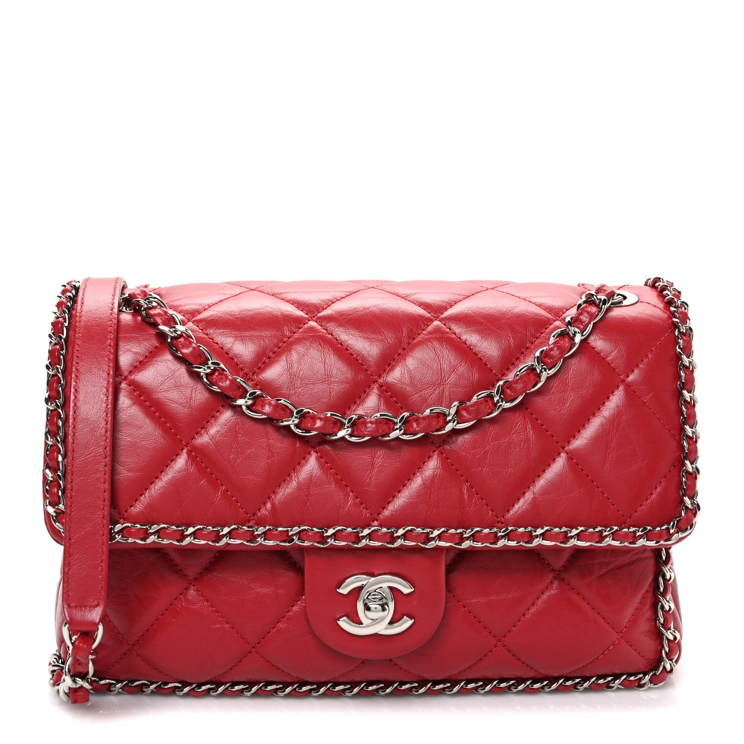 Crumpled Calfskin Medium Chain All Over Flap Red