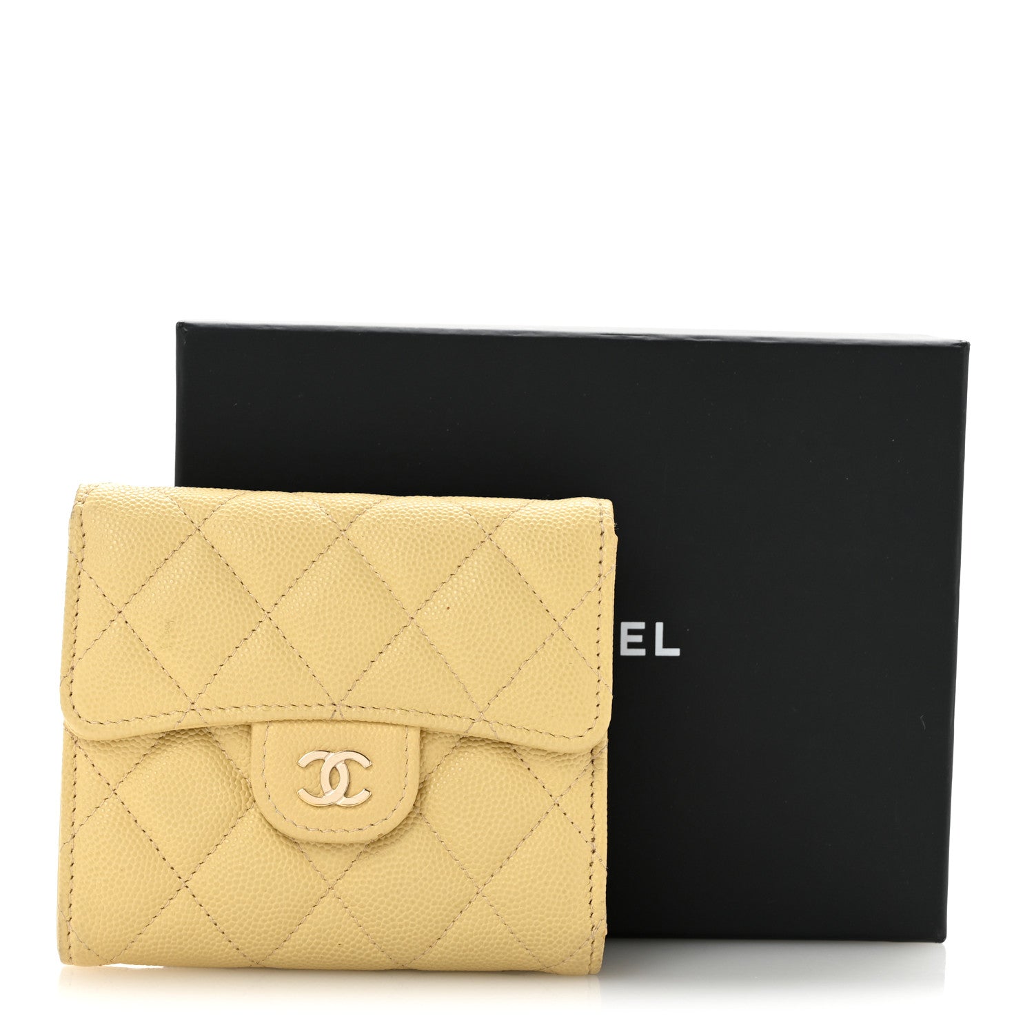 Caviar Quilted Compact Flap Wallet Yellow