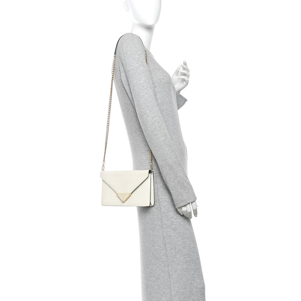 Saffiano Lux Metal Triangle Logo Mini Envelope Chain Shoulder Bag White