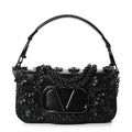 Calfskin Floral Embroidered Monochrome Vlogo Small Loco Shoulder Bag Black