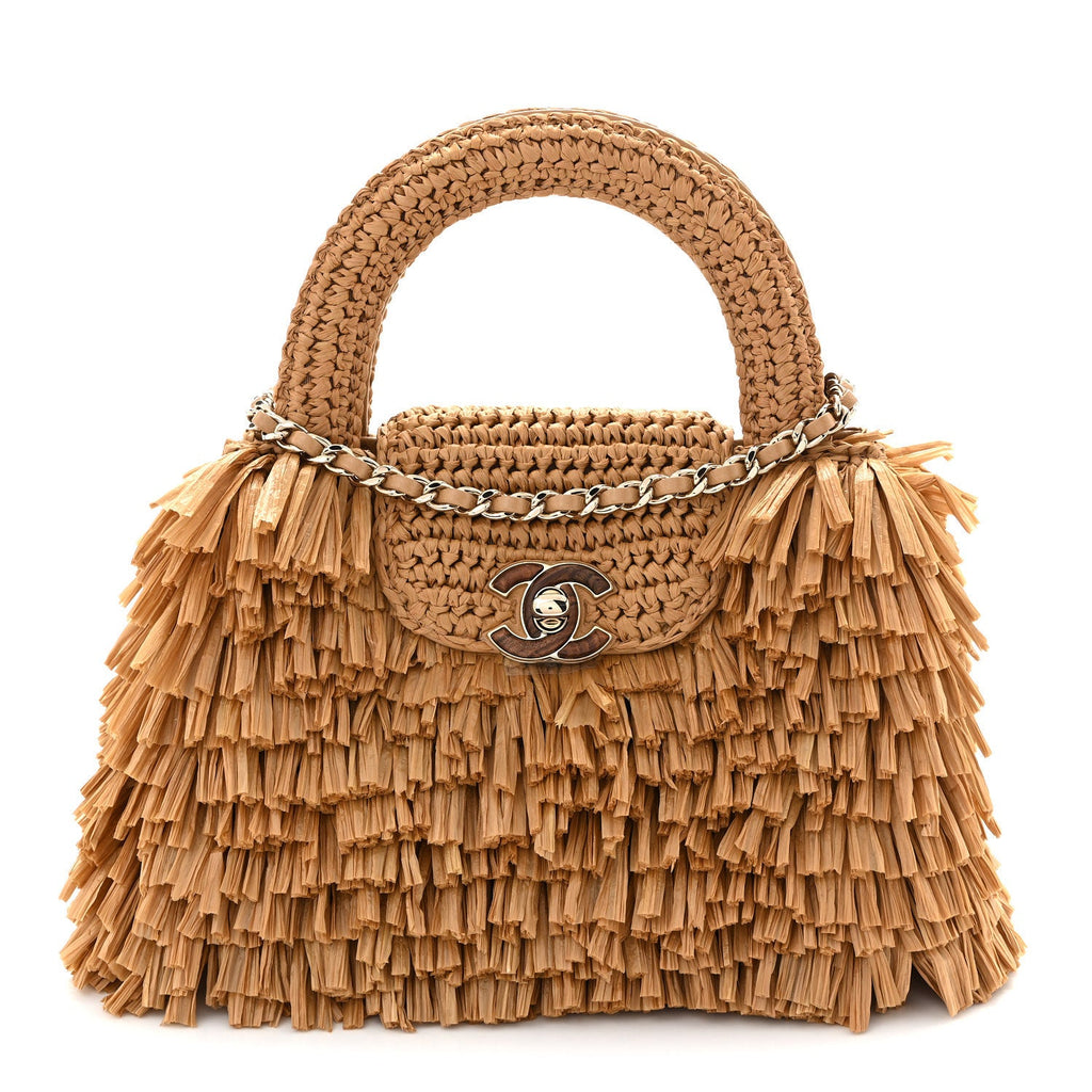 Raffia Fringe Nano Kelly Shopper Dark Beige