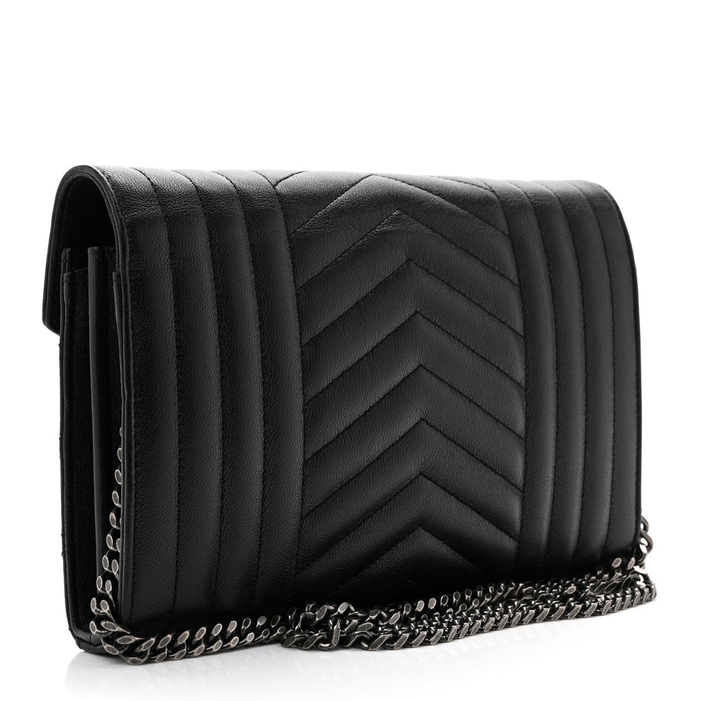 Sheepskin Tri-Quilt Monogram Envelope Chain Wallet Black