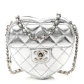 Metallic Lambskin Quilted CC In Love Heart Clutch With Chain Silver