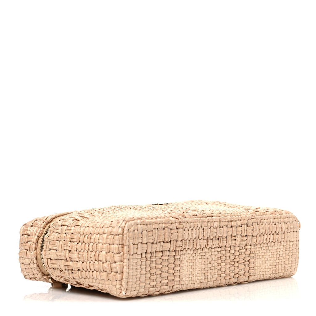 Braided Raffia Quilted Top Handle Slim Vanity Case With Chain Beige