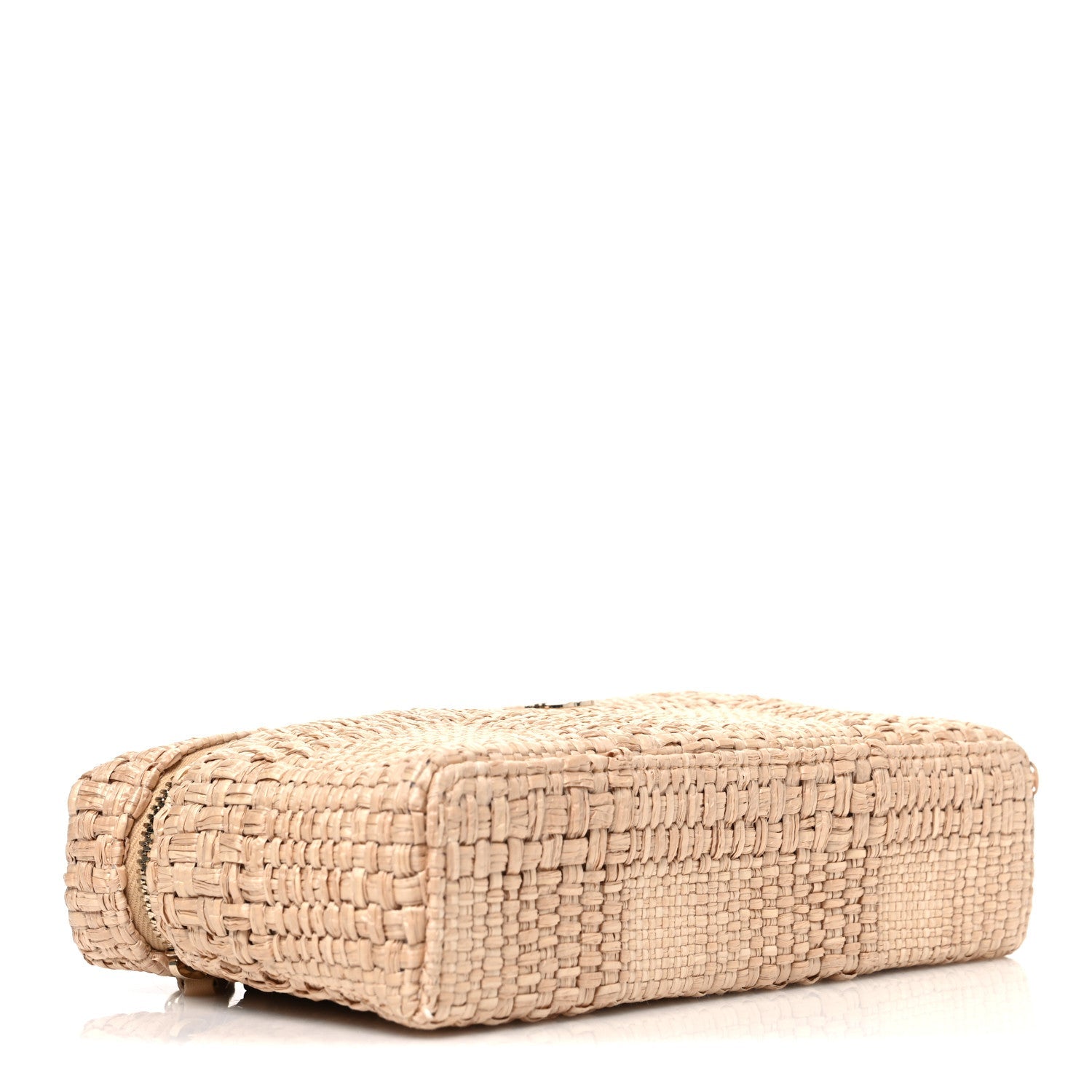 Braided Raffia Quilted Top Handle Slim Vanity Case With Chain Beige