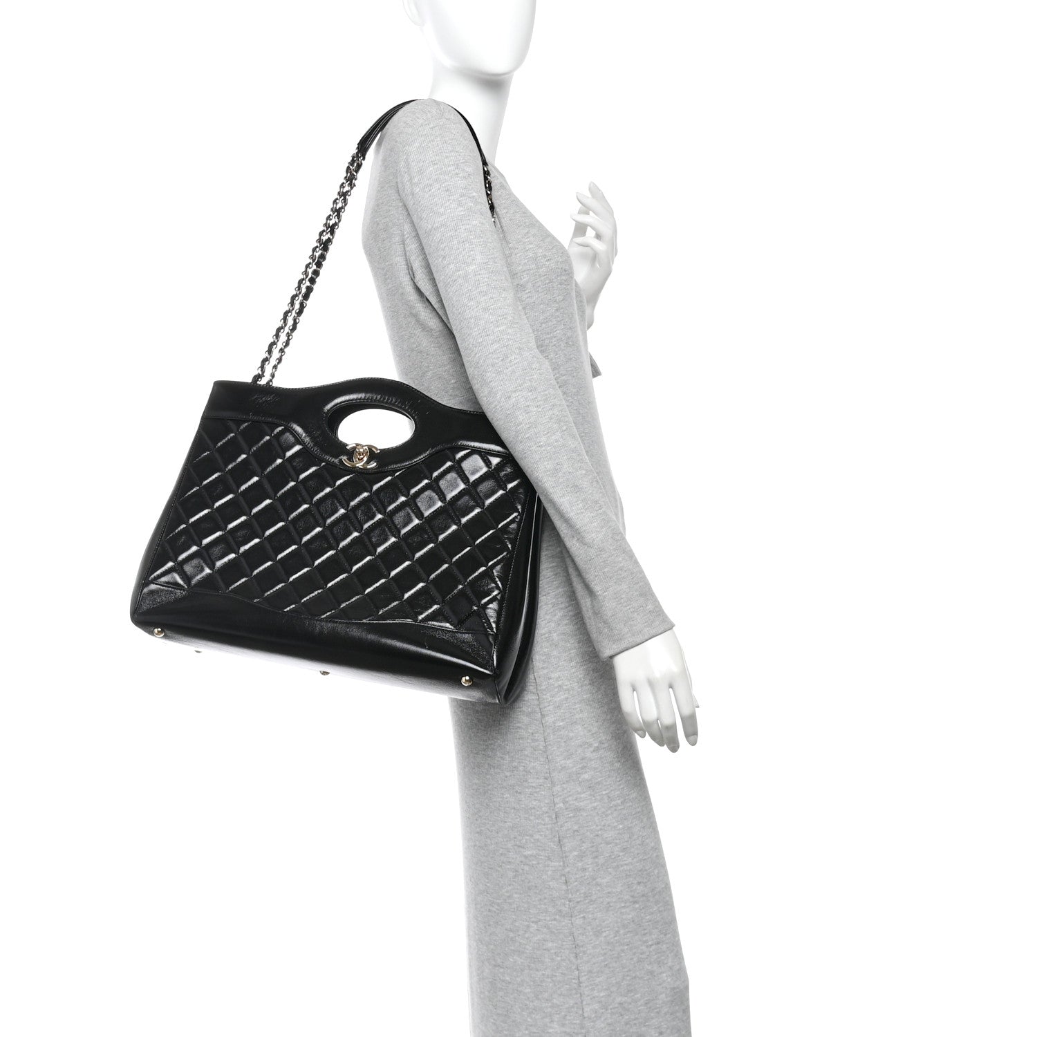 Shiny Lambskin Quilted Large 31 Shopping Bag Black