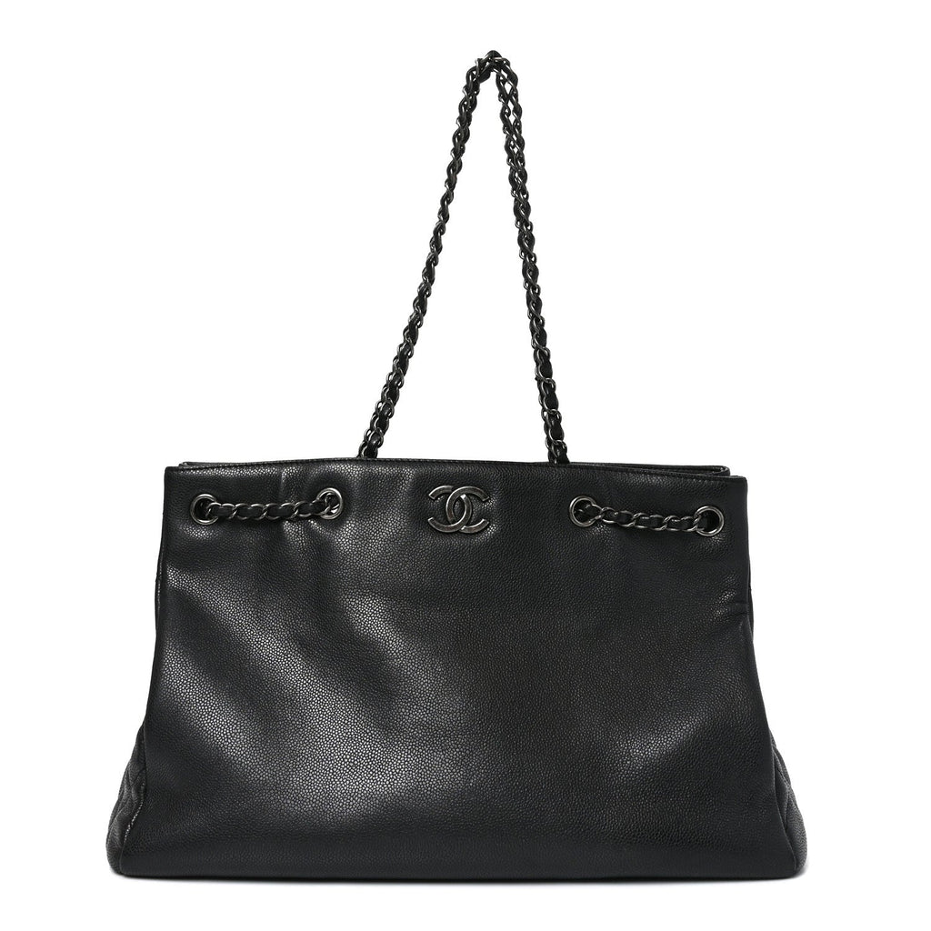 Metallic Grained Calfskin Woven Chain Large Shopping Bag Black