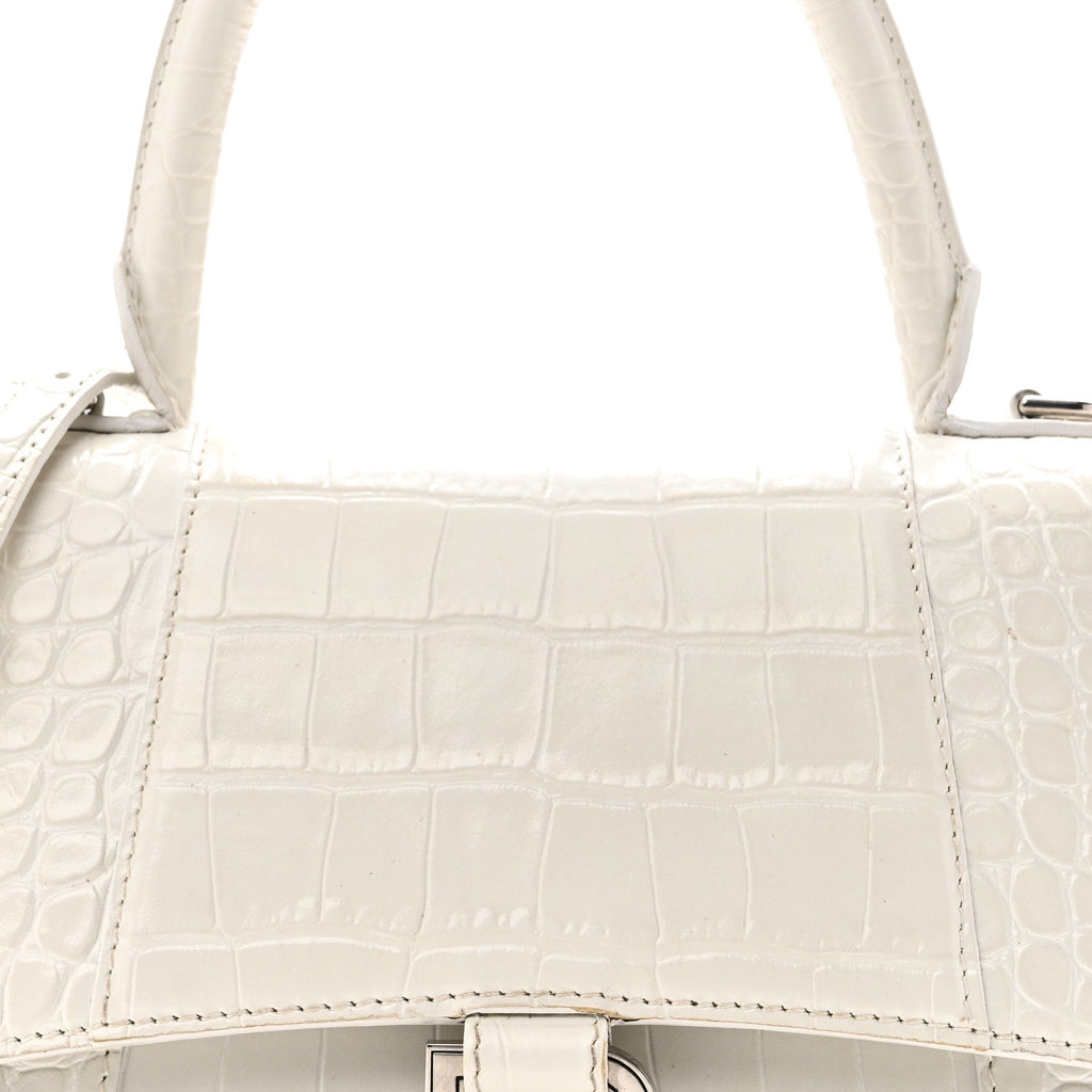 Calfskin Crocodile Embossed Small Hourglass Top Handle Bag White