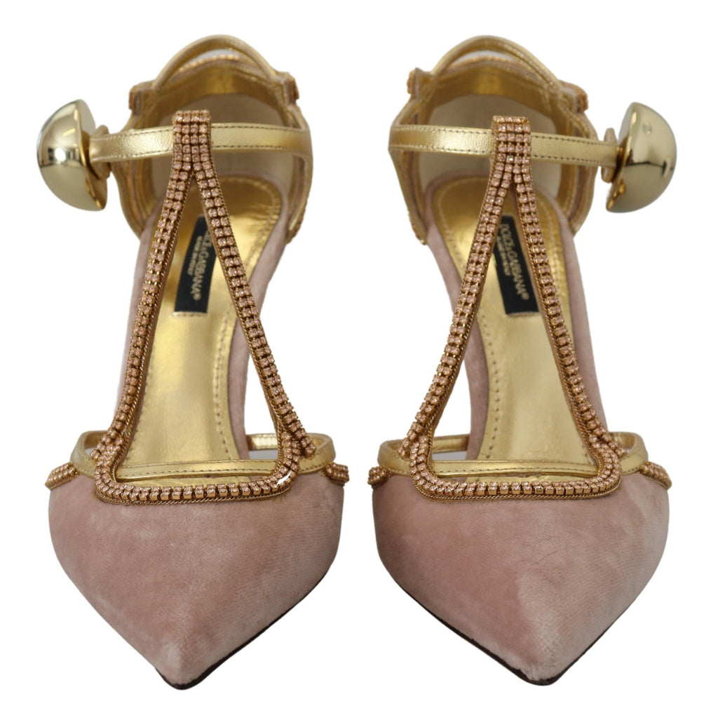 Dolce & Gabbana Pink Crystal T-strap Heels Pumps Women's Shoes