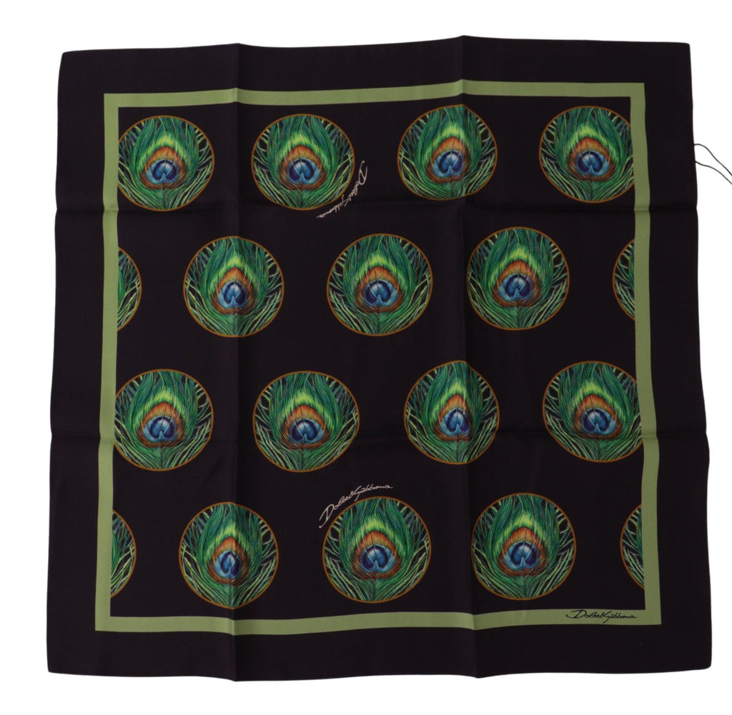 Dolce & Gabbana Black Peacock Feather DG Printed Square Handkerchief Men's Scarf
