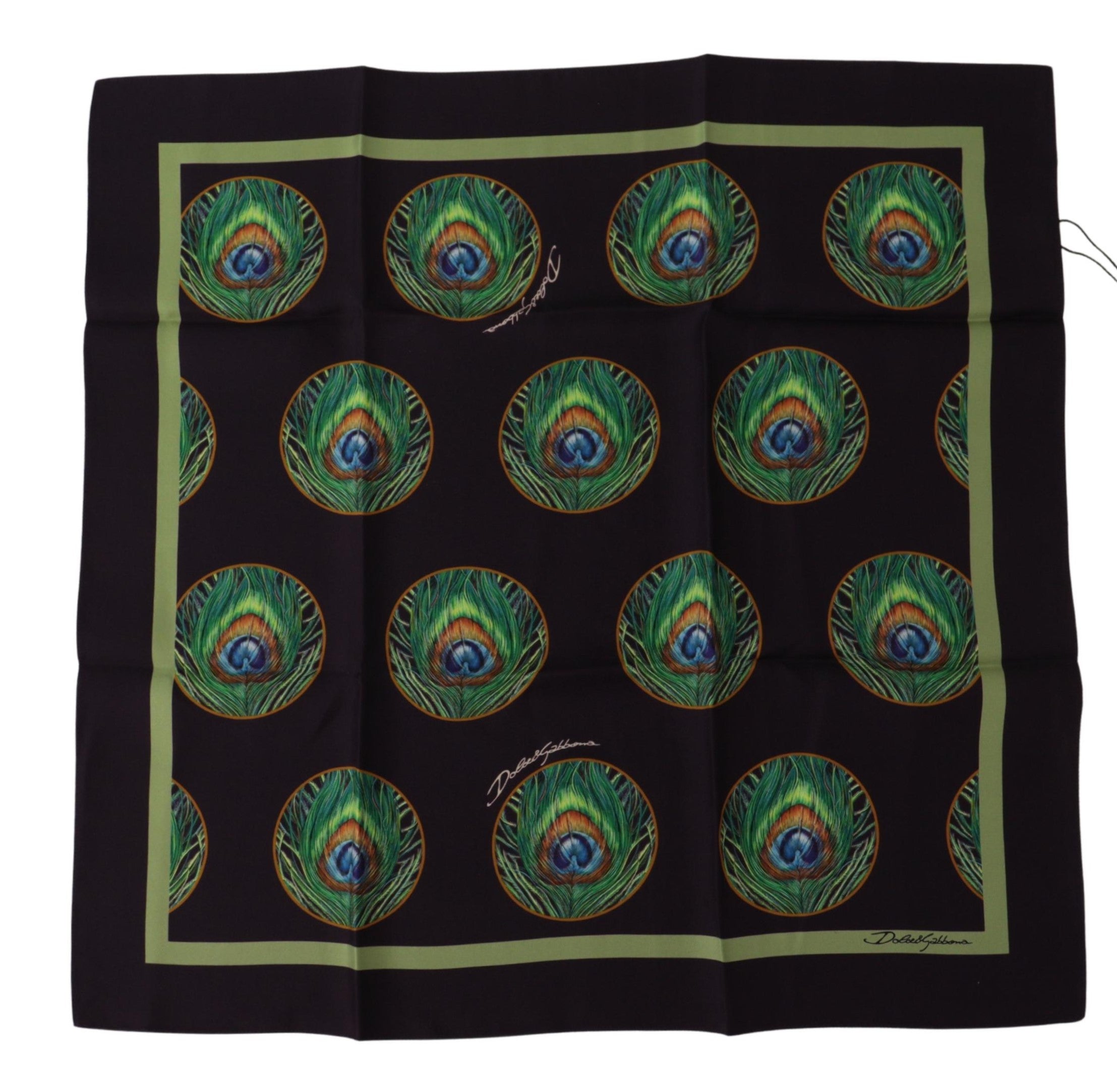 Dolce & Gabbana Black Peacock Feather DG Printed Square Handkerchief Men's Scarf
