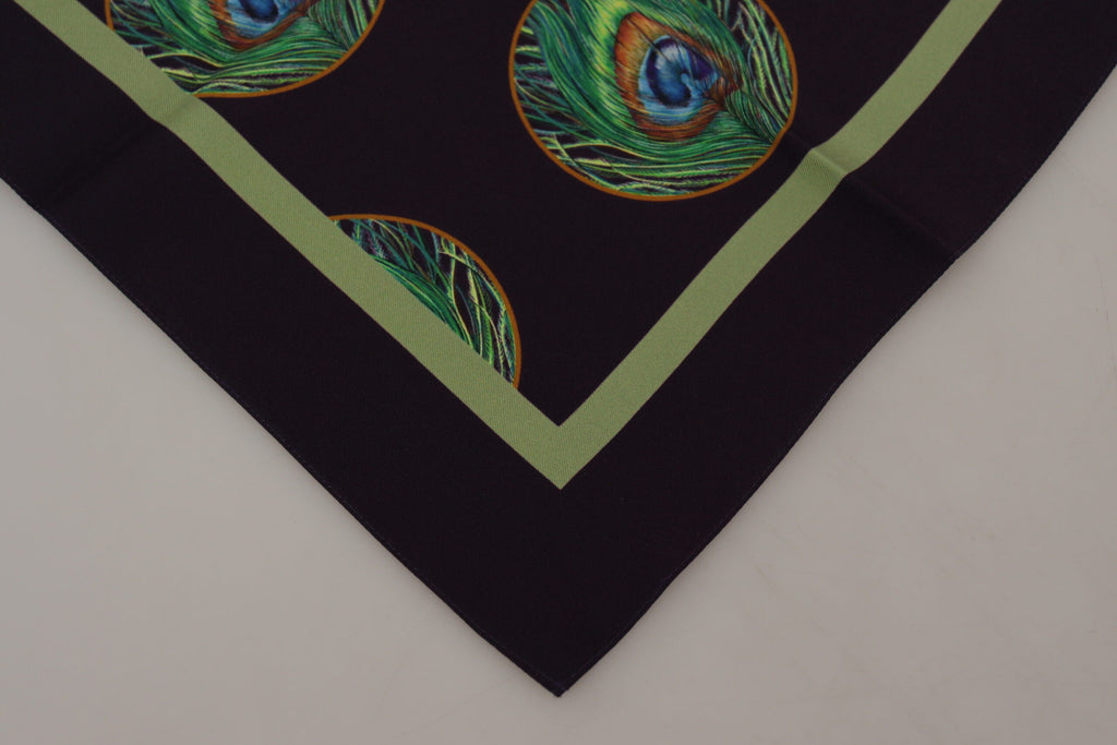 Dolce & Gabbana Black Peacock Feather DG Printed Square Handkerchief Men's Scarf