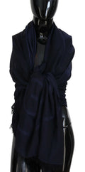 GF Ferre Dark Blue Wool Neck Wrap Shawl Fringes Women's Scarf