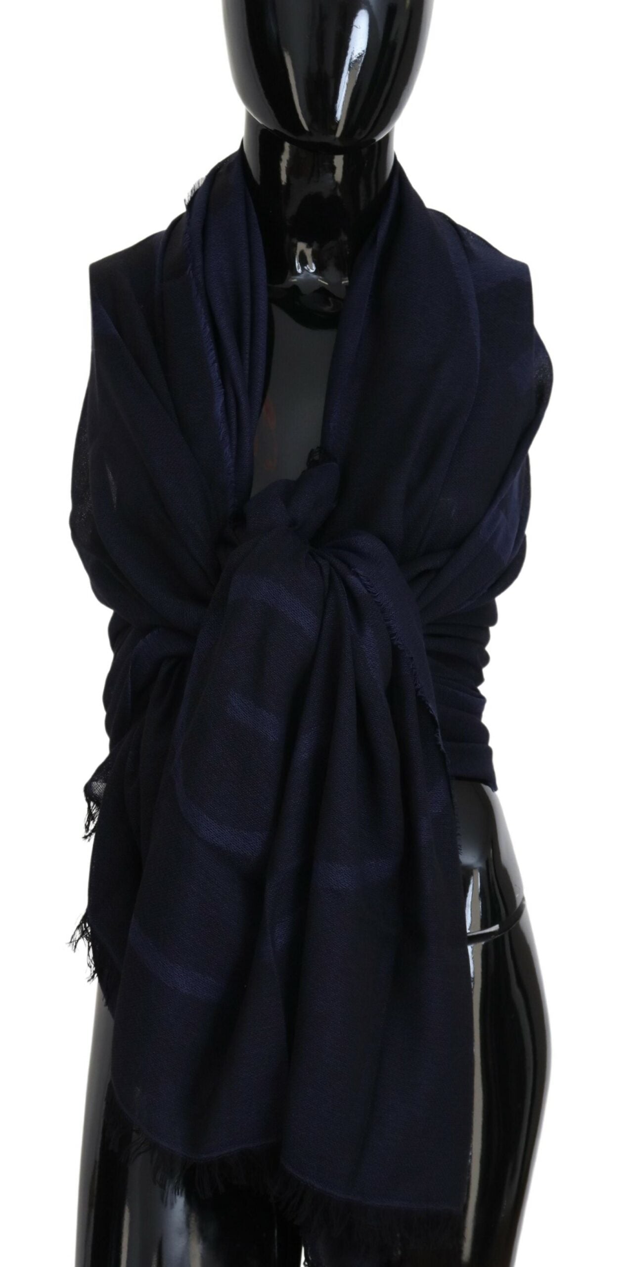 GF Ferre Dark Blue Wool Neck Wrap Shawl Fringes Women's Scarf