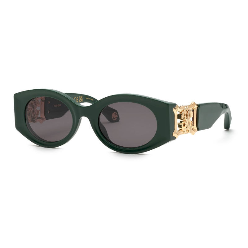 Roberto Cavalli Sunglasses Oval Full Rim, Shiny Green Frame and Grey Lens SRC0640D80