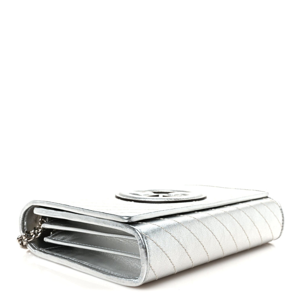 Metallic Sakai Be Green Calfskin Diagonal Stitched Blondie Wallet on Chain Silver