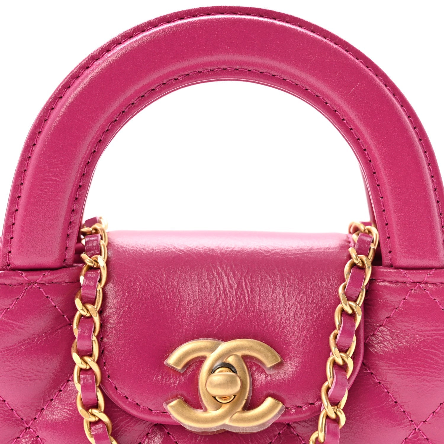 Shiny Aged Calfskin Quilted Mini Nano Kelly Shopper Dark Pink