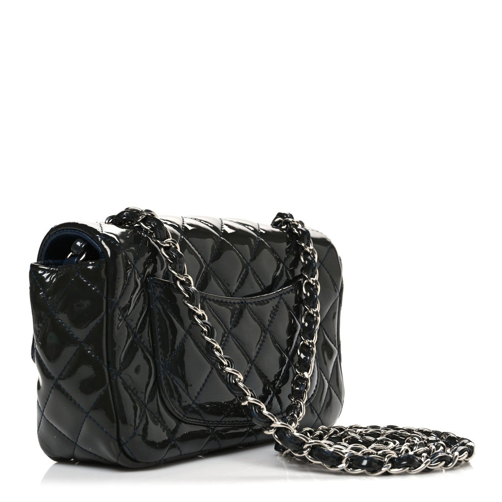 Patent Calfskin Quilted Mini Rectangular Flap Navy Blue