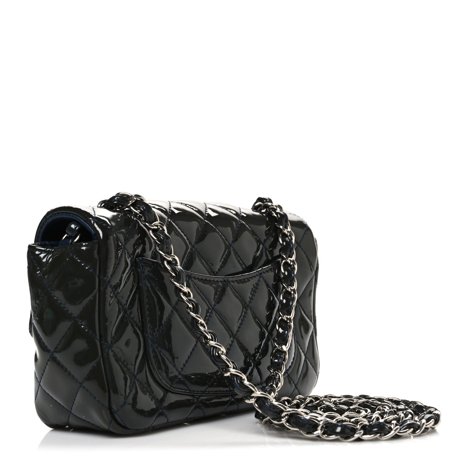 Patent Calfskin Quilted Mini Rectangular Flap Navy Blue