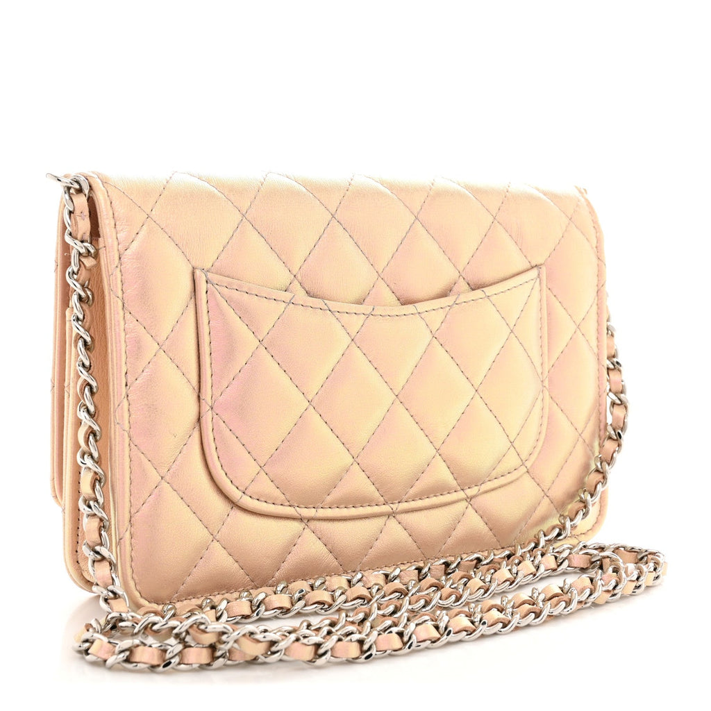 Iridescent Calfskin Quilted Wallet On Chain WOC Pink